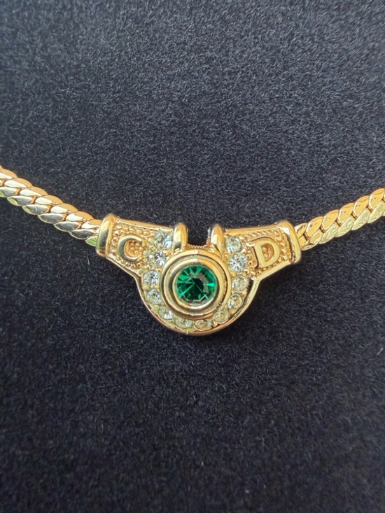 Dior Jewelry - Christian DIOR Rhinestone Necklace Green Gold Plated Flat Herringbone Chain 17”
